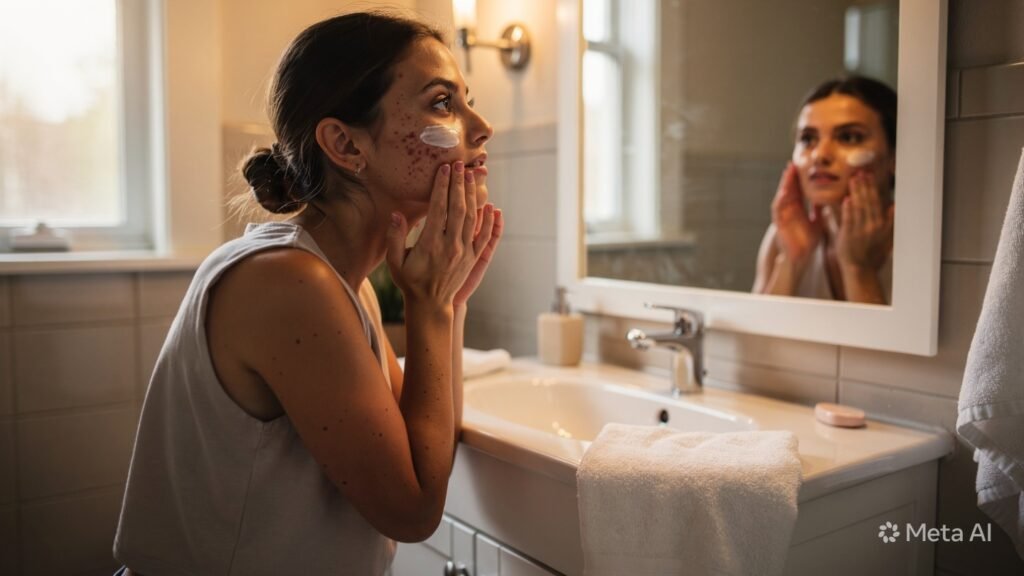 a young woman looking at herself in a bathroom mir