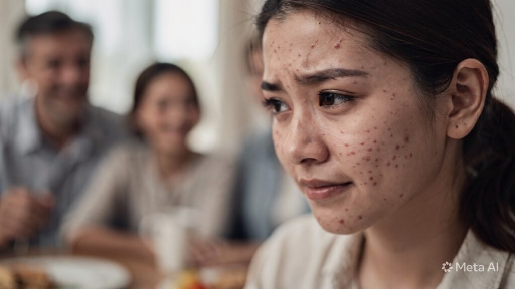 a young woman with mild acne trying to avoid being